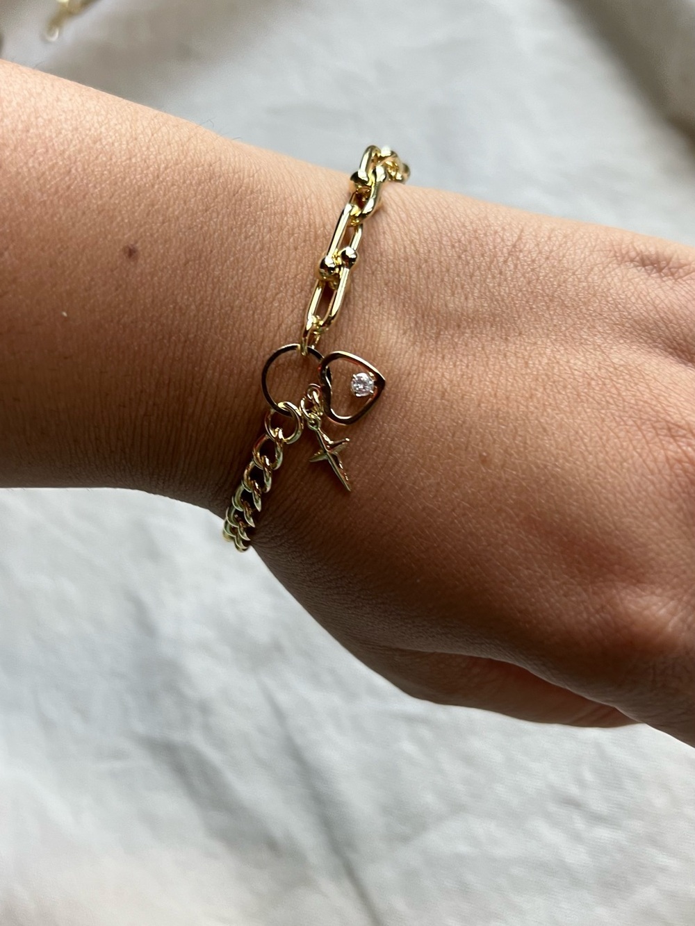 Gold Heart & Cross Charm Bracelet - Women's Jewelry